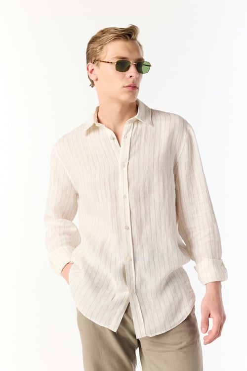  ÇİZGİLİ REGULAR FIT UZUN KOLLU KETEN GÖMLEK