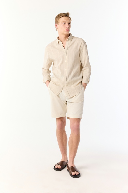  ÇİZGİLİ KETEN KARIŞIMLI REGULAR FIT GÖMLEK