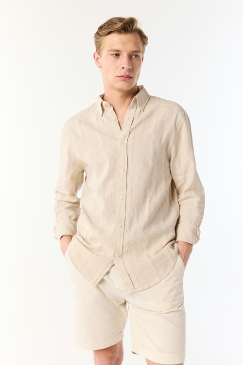  ÇİZGİLİ KETEN KARIŞIMLI REGULAR FIT GÖMLEK