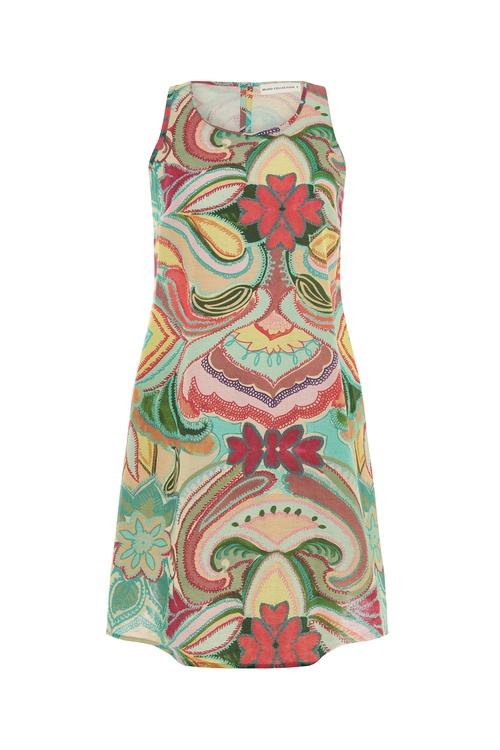  ETNİK BASKILI A FORM KOLSUZ MİNİ ELBİSE