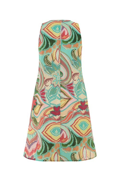  ETNİK BASKILI A FORM KOLSUZ MİNİ ELBİSE