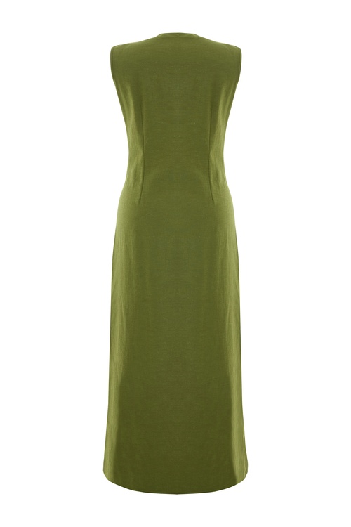  DÜZ KESİM KOLSUZ V YAKA UZUN ELBİSE