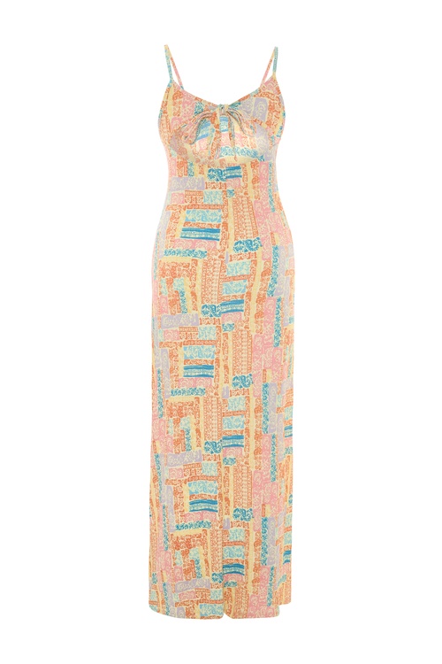  BASKILI ASKILI DÜZ KESİM UZUN ELBİSE