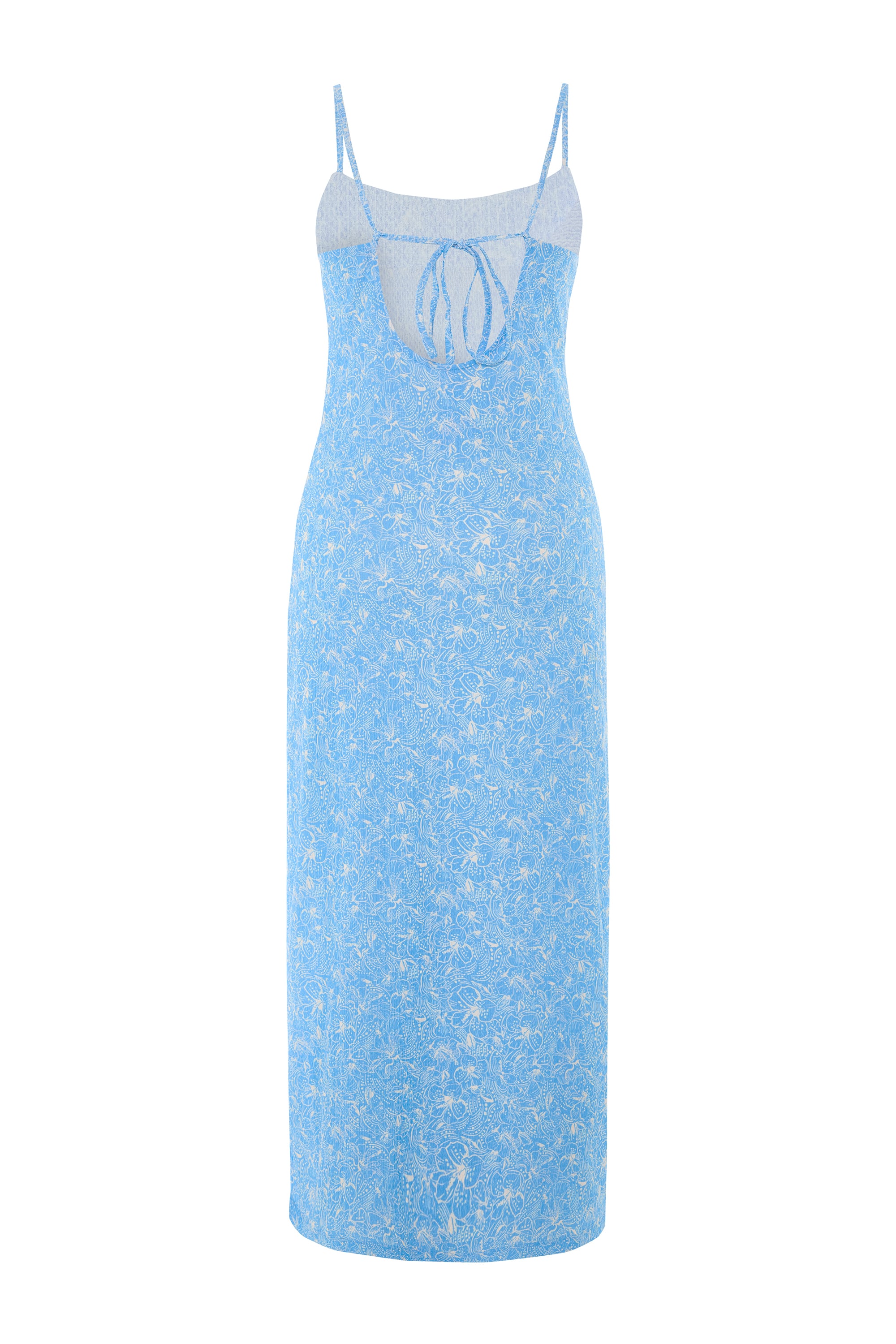 FLORAL BASKILI ASKILI YIRTMAÇLI MİDİ ELBİSE