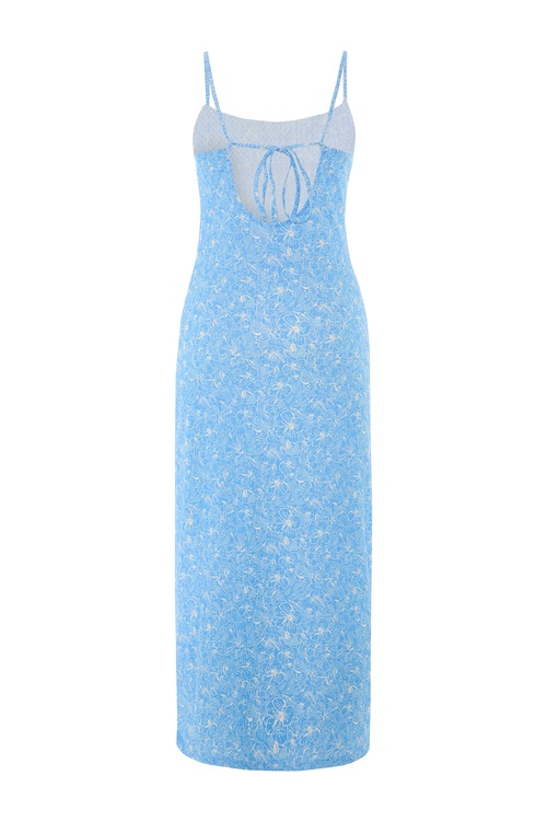  FLORAL BASKILI ASKILI YIRTMAÇLI MİDİ ELBİSE