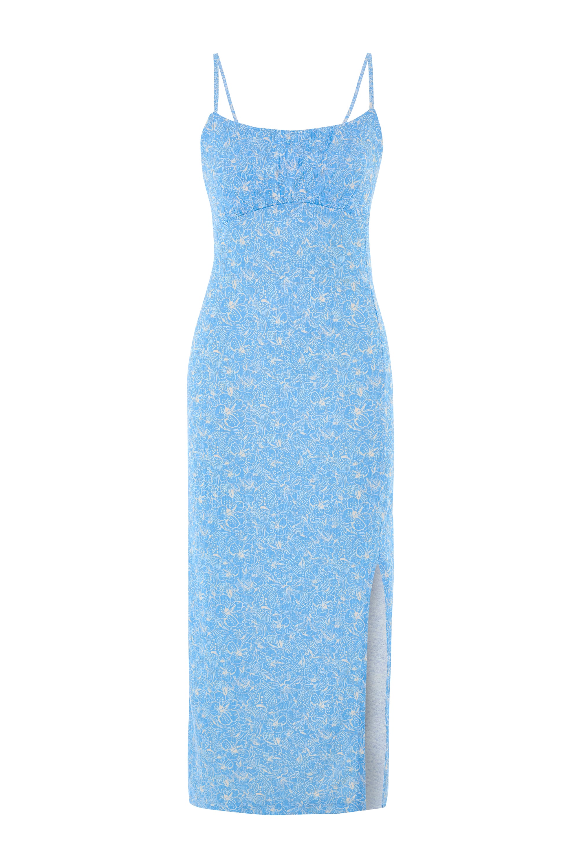 FLORAL BASKILI ASKILI YIRTMAÇLI MİDİ ELBİSE