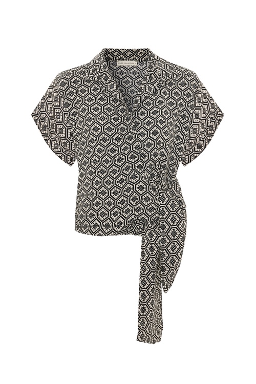 ETNİK BASKILI V YAKA KRUVAZE BLUZ