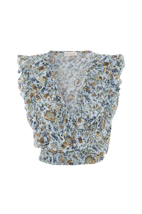  BASKILI FIRFIRLI DÜŞÜK KOL CROP BLUZ