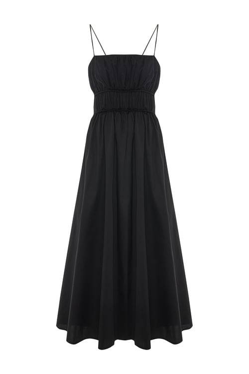  ASKILI BÜZGÜLÜ KLOŞ MİDİ ELBİSE