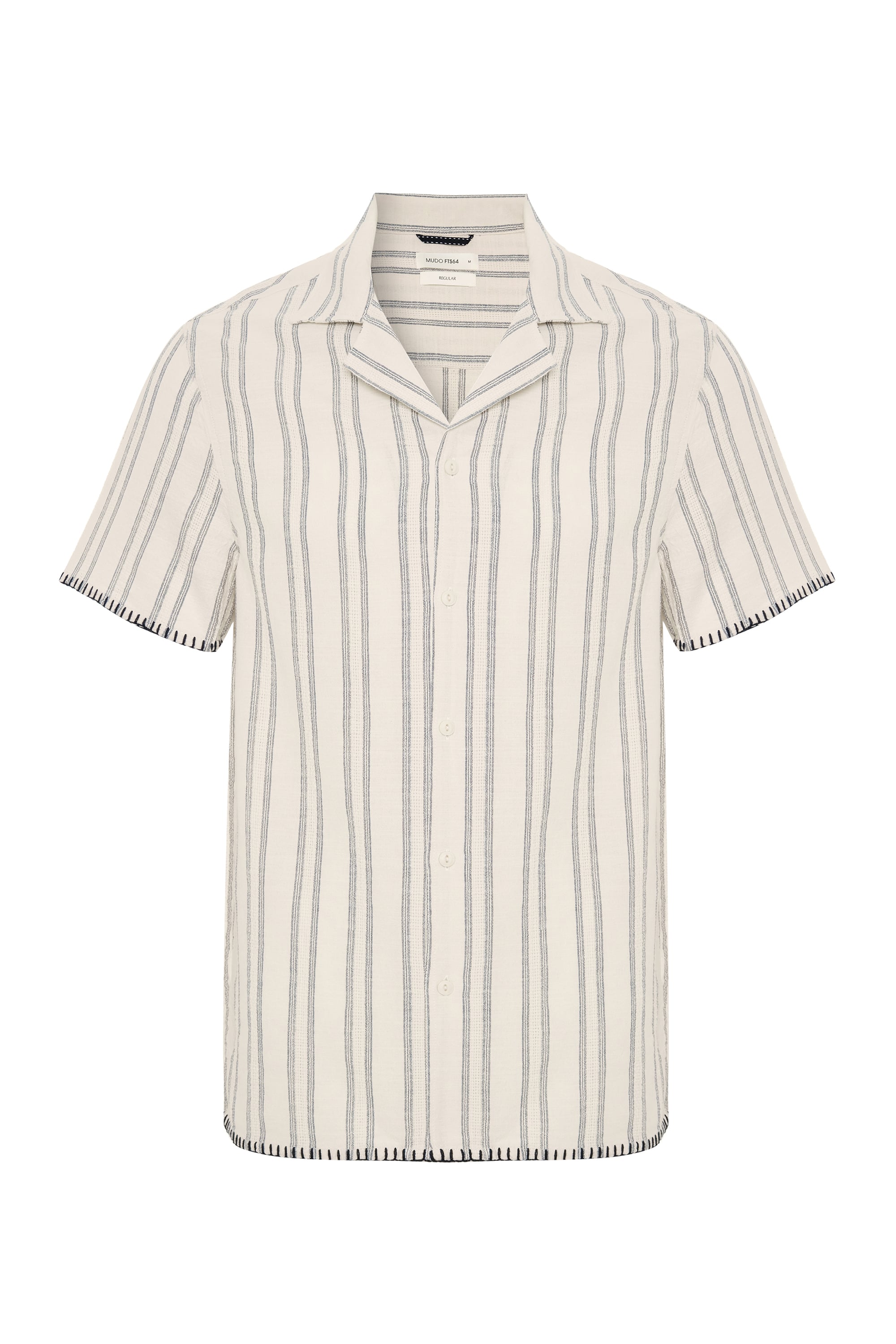 ÇİZGİLİ DİKİŞ DETAYLI RESORT YAKA KISA KOLLU GÖMLEK