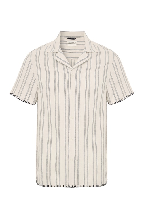  ÇİZGİLİ DİKİŞ DETAYLI RESORT YAKA KISA KOLLU GÖMLEK