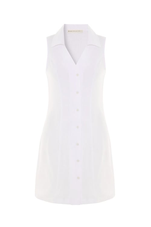  GÖMLEK YAKA KOLSUZ MİNİ KETEN ELBİSE