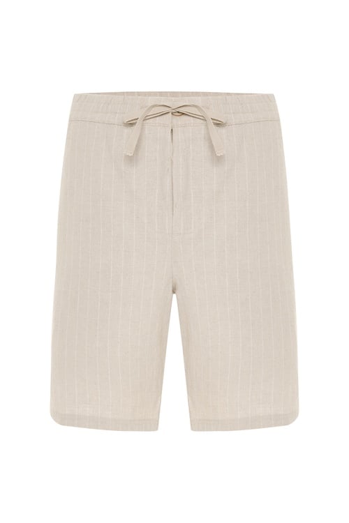  ÇİZGİLİ BELİ BAĞLAMALI KETEN KARIŞIMLI ŞORT