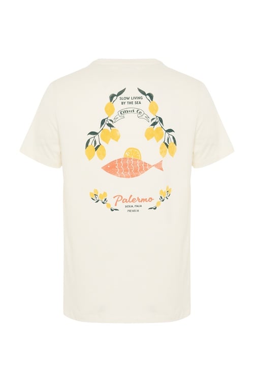 Erkek Kırık Beyaz Baskılı Bisiklet Yaka T-Shirt