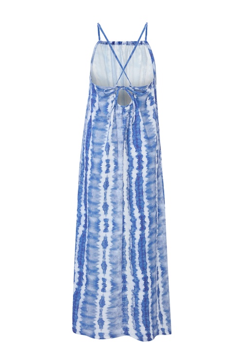  BASKILI SIRT DETAYLI KOLSUZ MİDİ ELBİSE