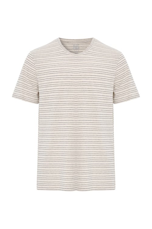  Erkek Bej Rengi Çizgili Bisiklet Yaka T-Shirt