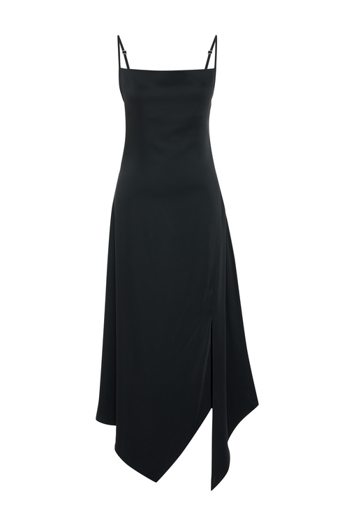  ASİMETRİK KESİM KOLSUZ MİDİ ELBİSE