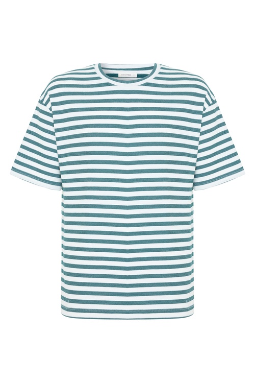 Erkek Yeşil Çizgili Oversize Bisiklet Yaka T-Shirt