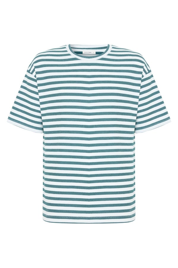Erkek Yeşil Çizgili Oversize Bisiklet Yaka T-Shirt | mudo