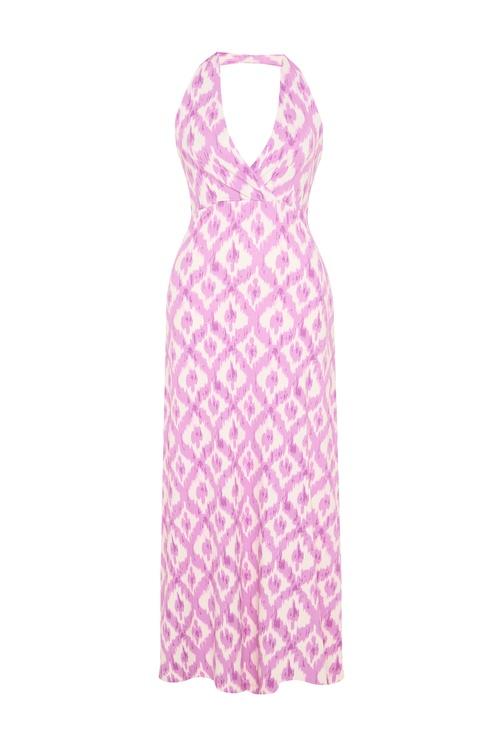  ETNİK BASKILI BAĞLAMA DETAYLI UZUN ELBİSE