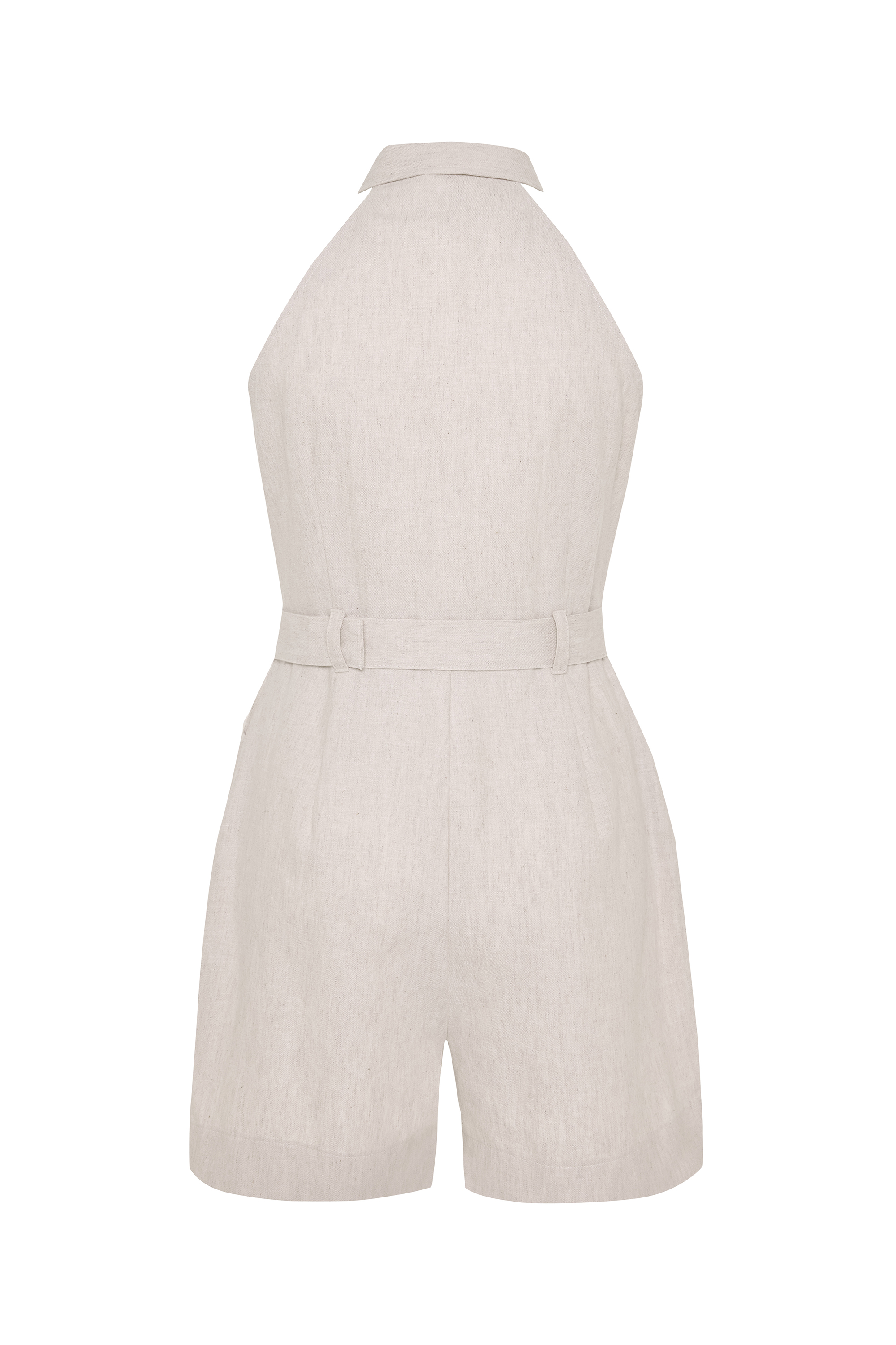 GÖMLEK YAKA KOLSUZ KEMERLİ MİNİ KETEN TULUM