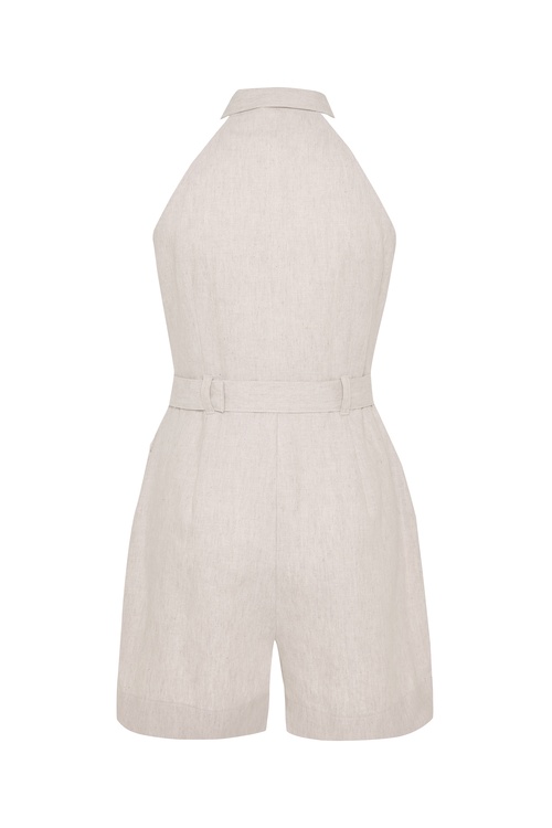  GÖMLEK YAKA KOLSUZ KEMERLİ MİNİ KETEN TULUM