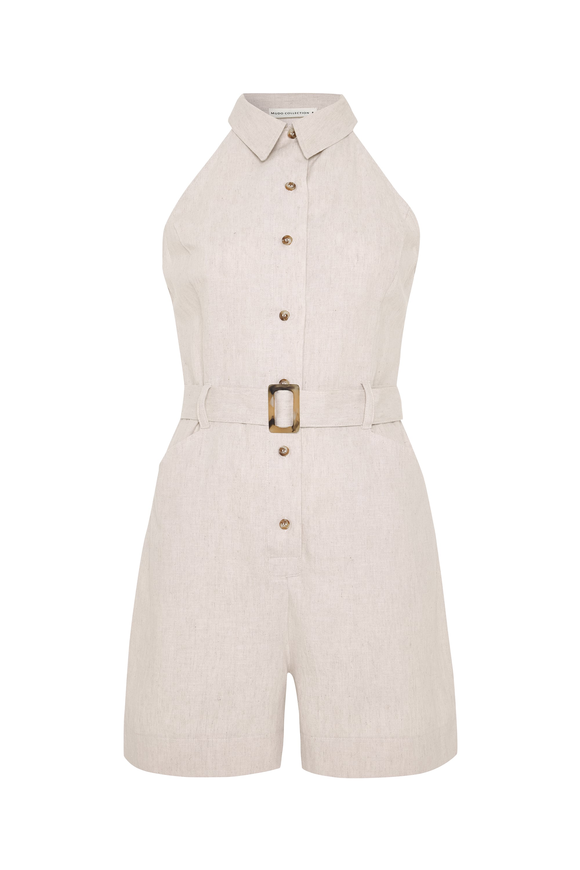 GÖMLEK YAKA KOLSUZ KEMERLİ MİNİ KETEN TULUM