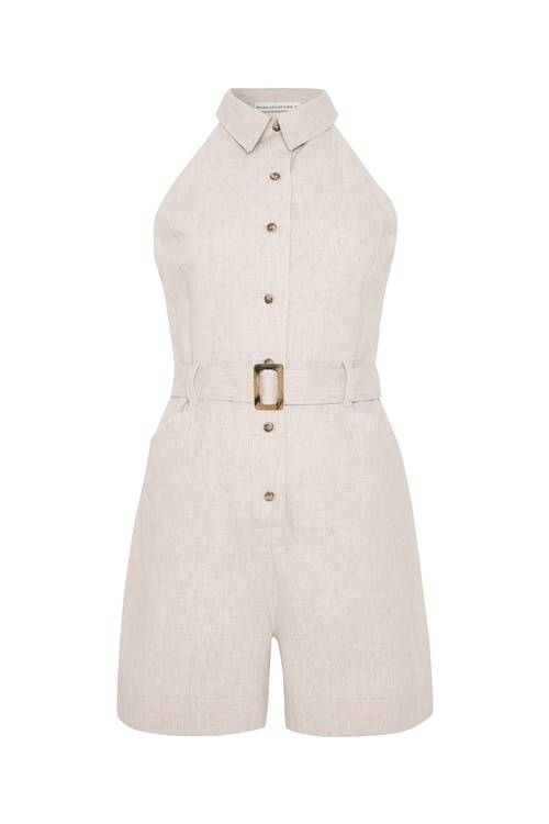  GÖMLEK YAKA KOLSUZ KEMERLİ MİNİ KETEN TULUM