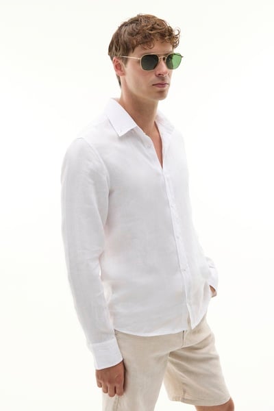 Mudo Erkek Beyaz Slim Fit Uzun Kollu Keten Gömlek