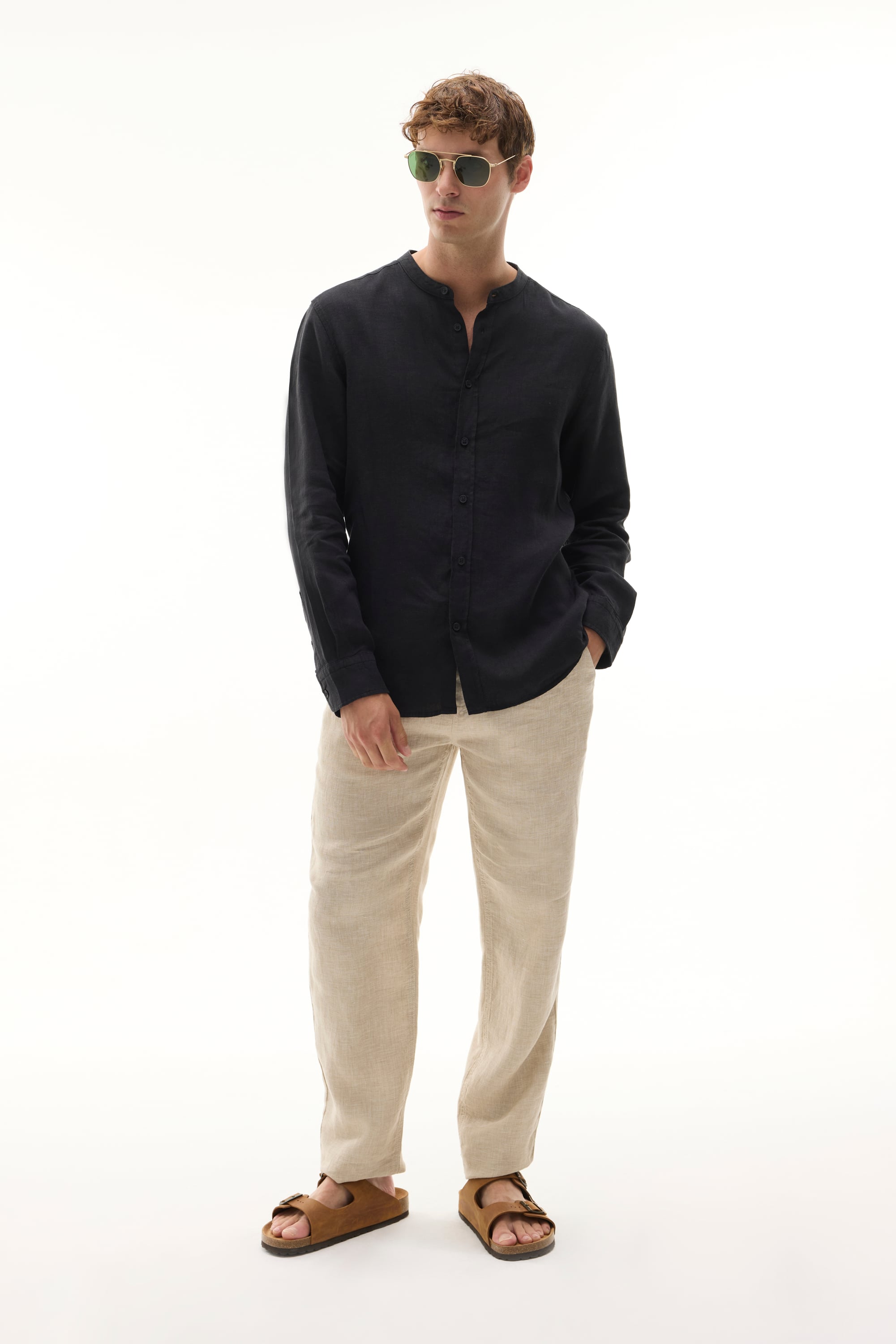 REGULAR FIT HAKİM YAKA UZUN KOLLU KETEN GÖMLEK