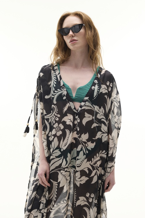  BASKILI KOL DETAYLI OVERSIZE UZUN ELBİSE