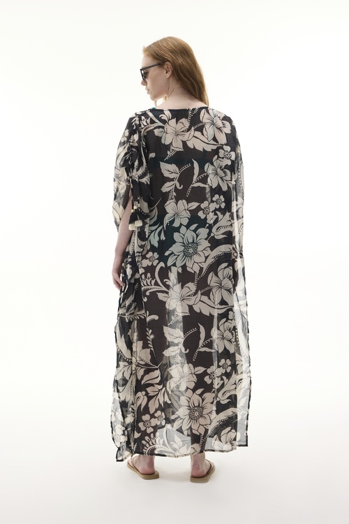  BASKILI KOL DETAYLI OVERSIZE UZUN ELBİSE