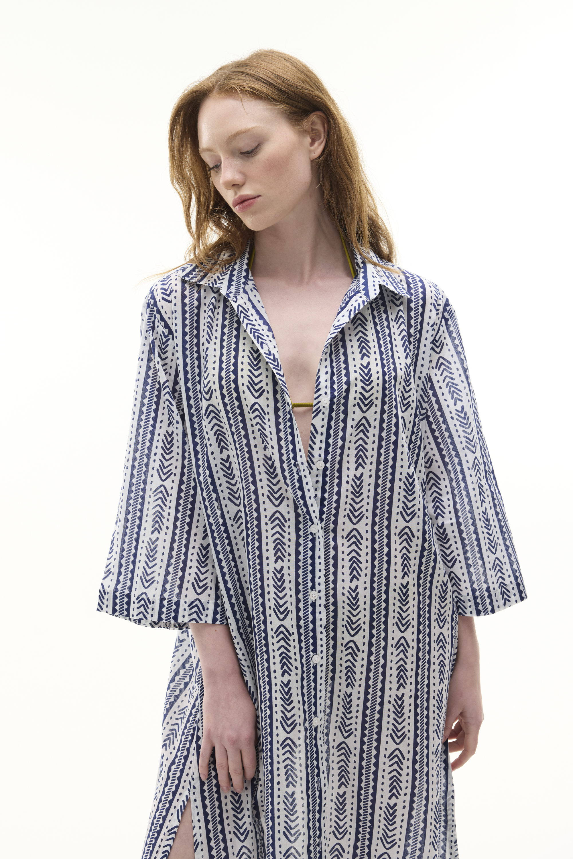 MARİN BASKILI MİDİ GÖMLEK ELBİSE