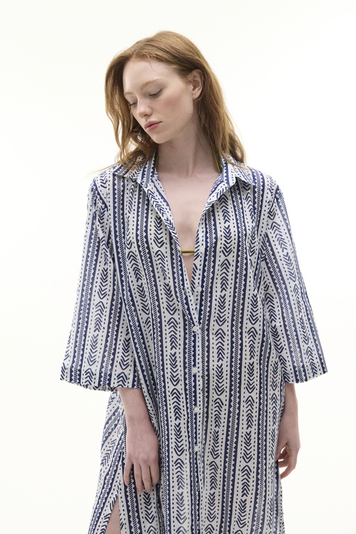  MARİN BASKILI MİDİ GÖMLEK ELBİSE