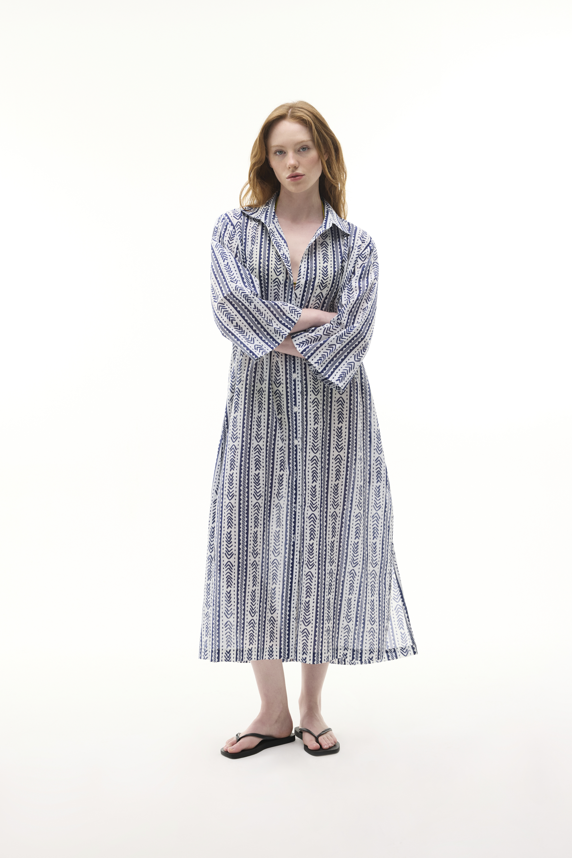 MARİN BASKILI MİDİ GÖMLEK ELBİSE