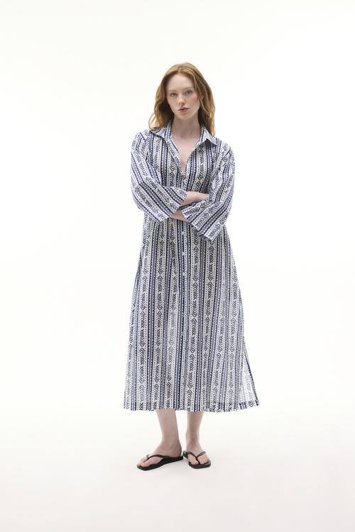  MARİN BASKILI MİDİ GÖMLEK ELBİSE