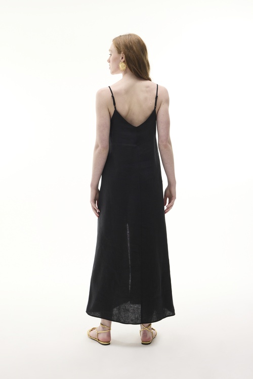  ÖNÜ YIRTMAÇLI ASKILI UZUN KETEN ELBİSE