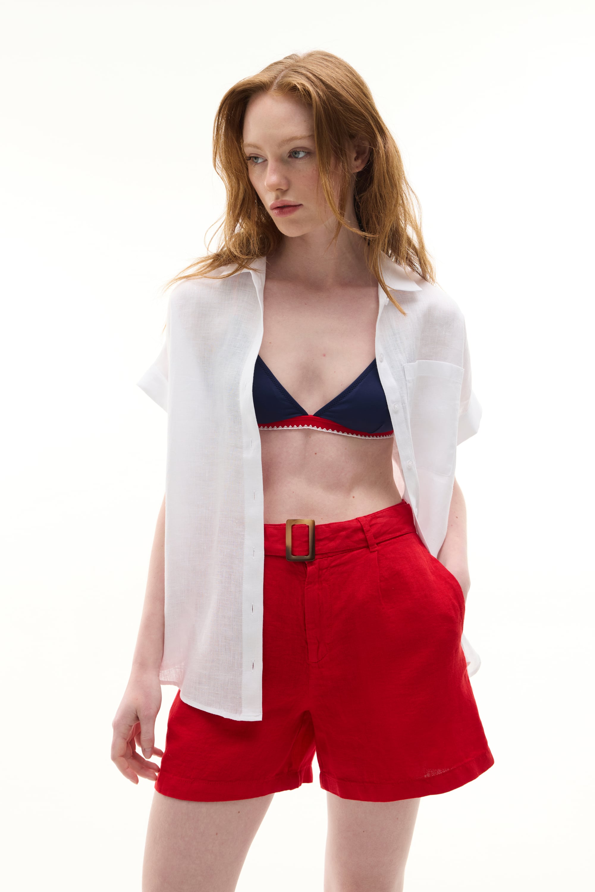 KISA KOLLU TEK CEPLİ KETEN GÖMLEK