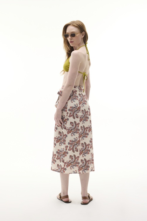  KRUVAZE BAĞLAMALI BASKILI MİDİ ETEK