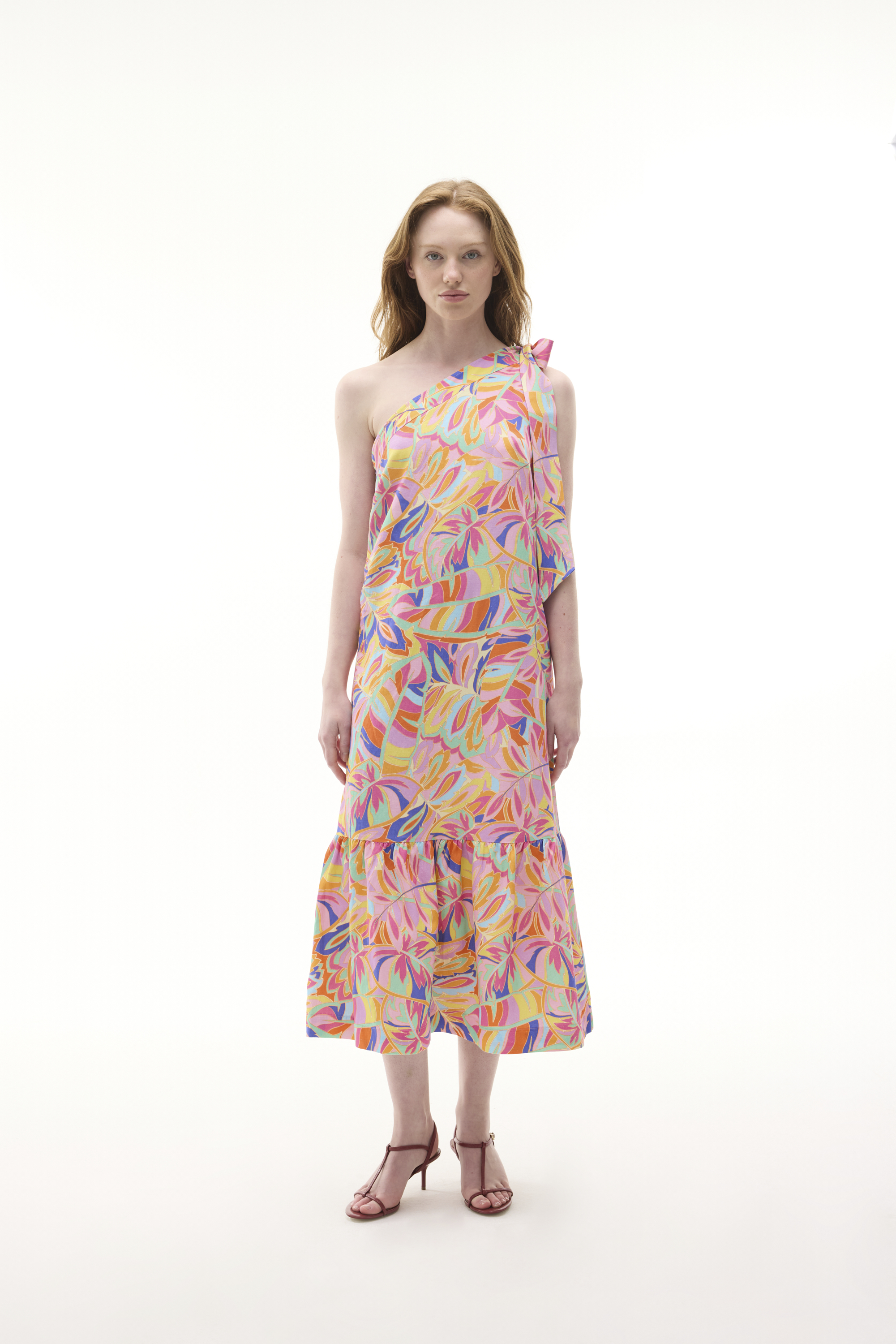 BASKILI TEK OMUZ MİDİ ELBİSE