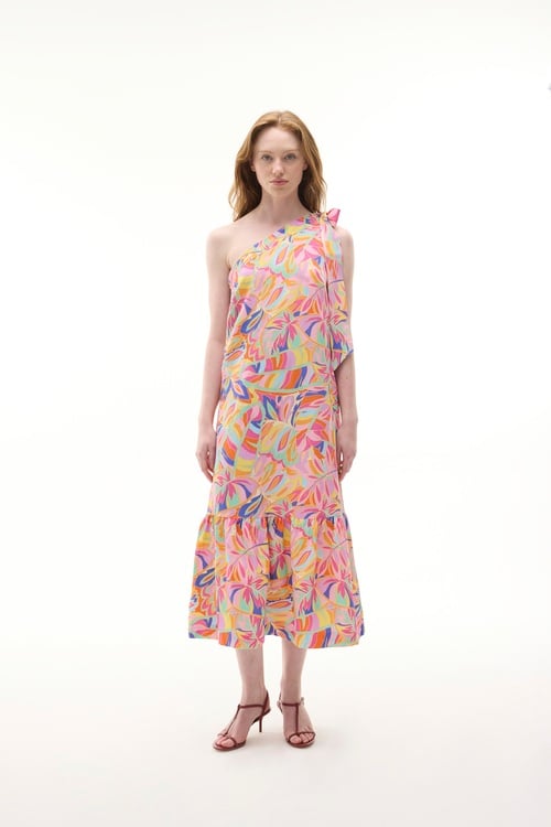  BASKILI TEK OMUZ MİDİ ELBİSE