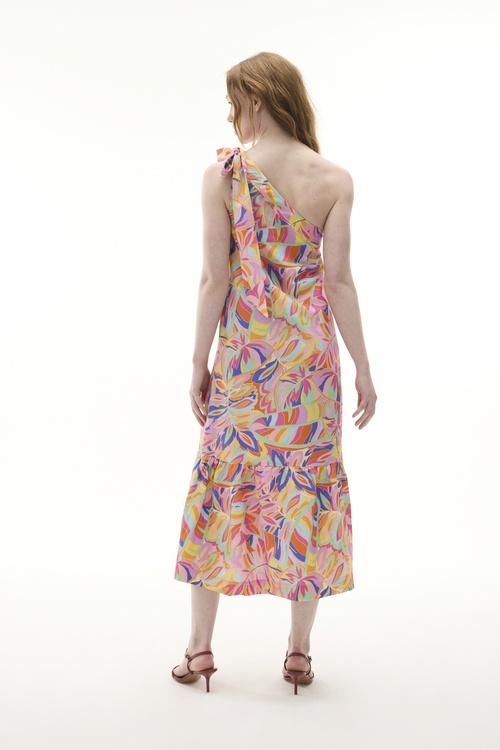  BASKILI TEK OMUZ MİDİ ELBİSE