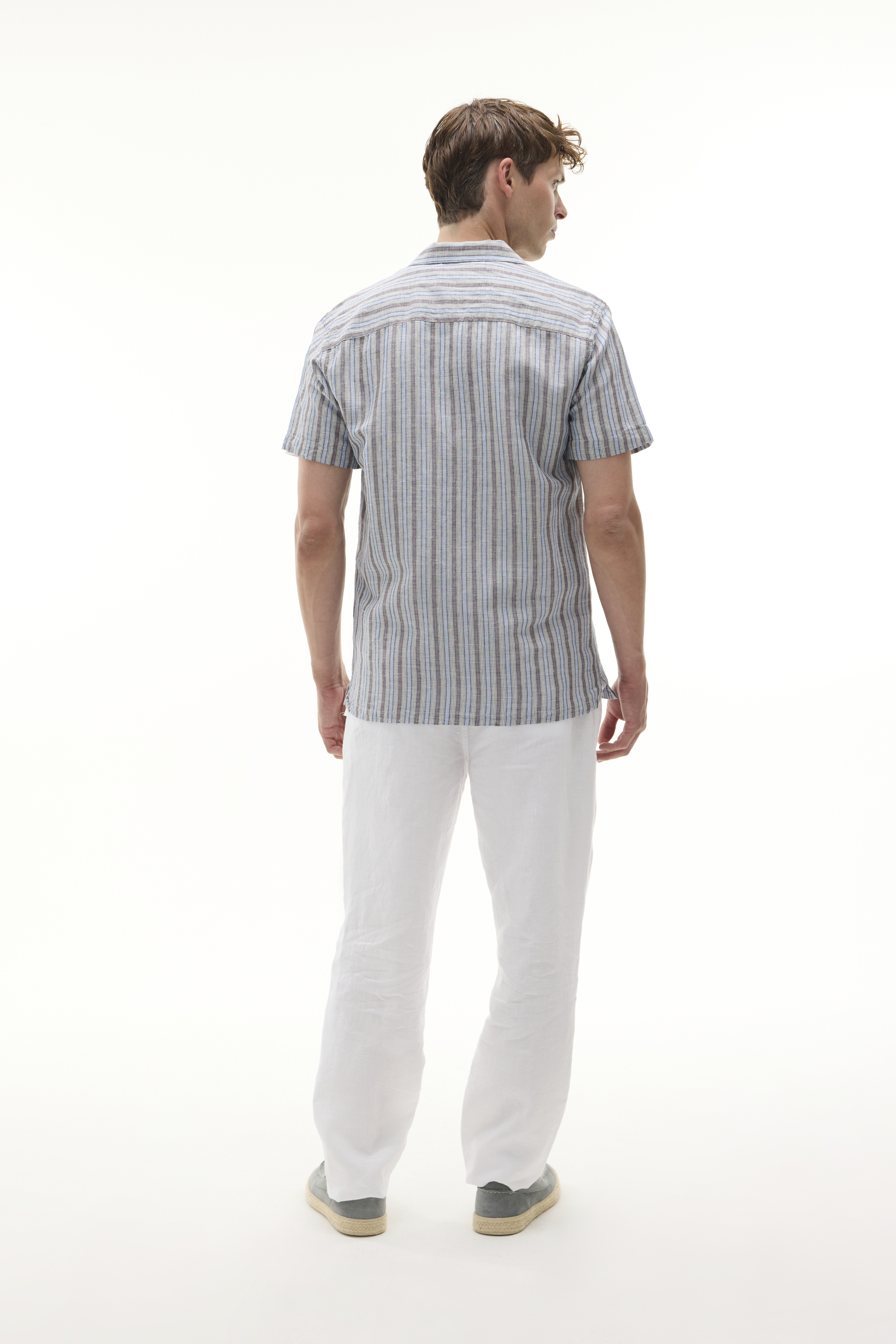 REGULAR FIT KETEN KARIŞIMLI ÇİZGİLİ KISA KOLLU GÖMLEK