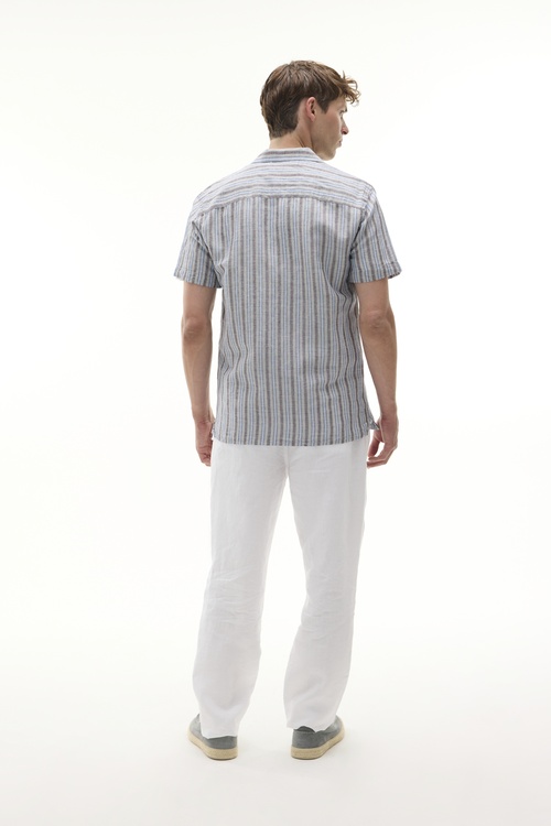 REGULAR FIT KETEN KARIŞIMLI ÇİZGİLİ KISA KOLLU GÖMLEK