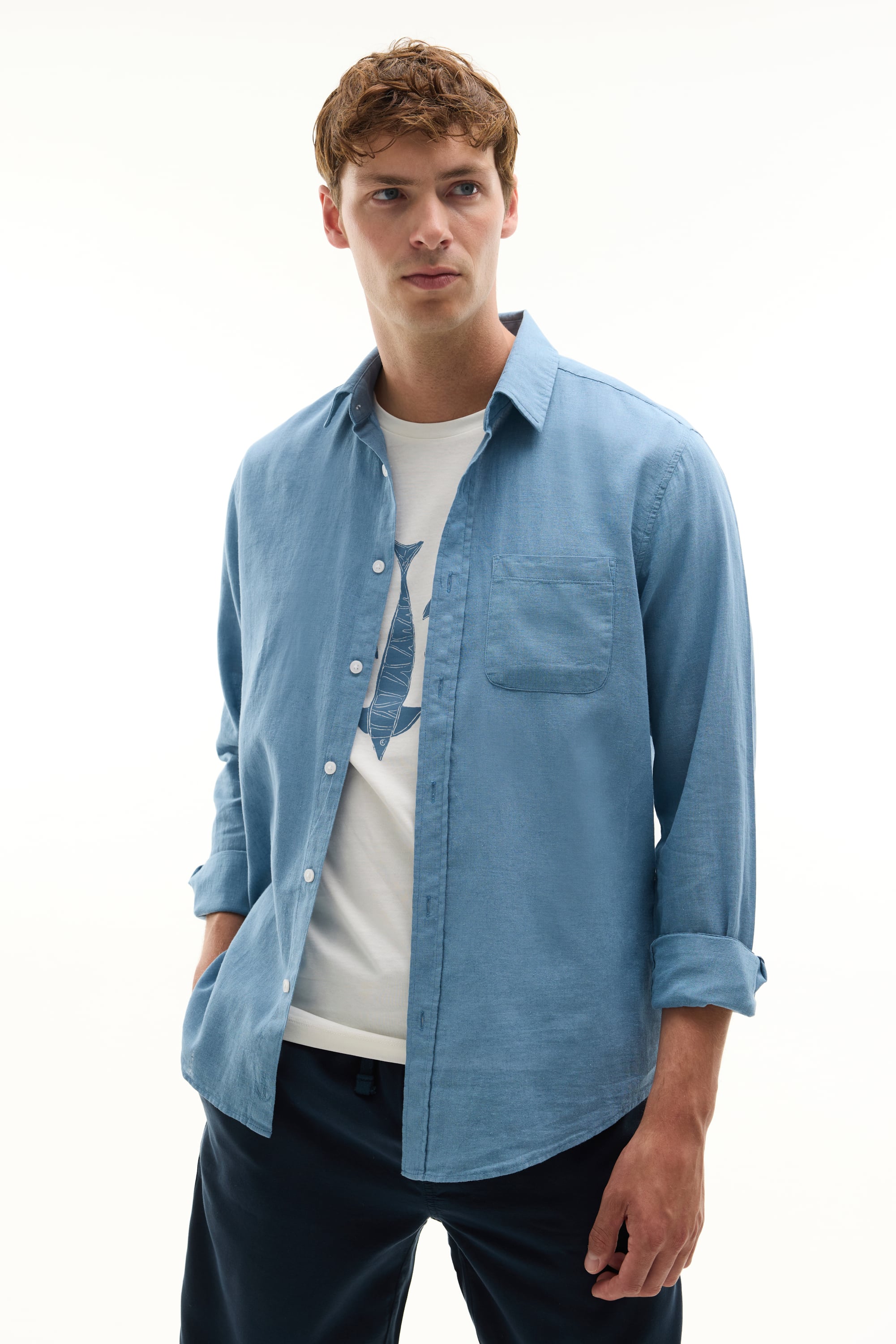 REGULAR FIT UZUN KOLLU KETEN KARIŞIMLI GÖMLEK