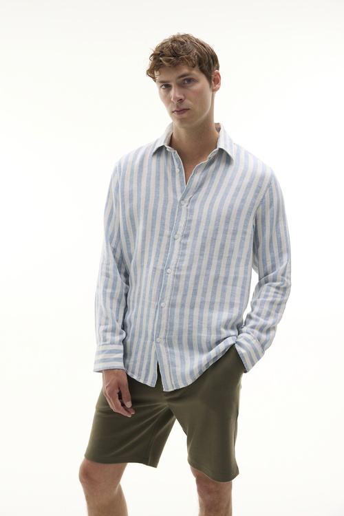  REGULAR FIT ÇİZGİLİ KETEN KARIŞIMLI UZUN KOLLU GÖMLEK