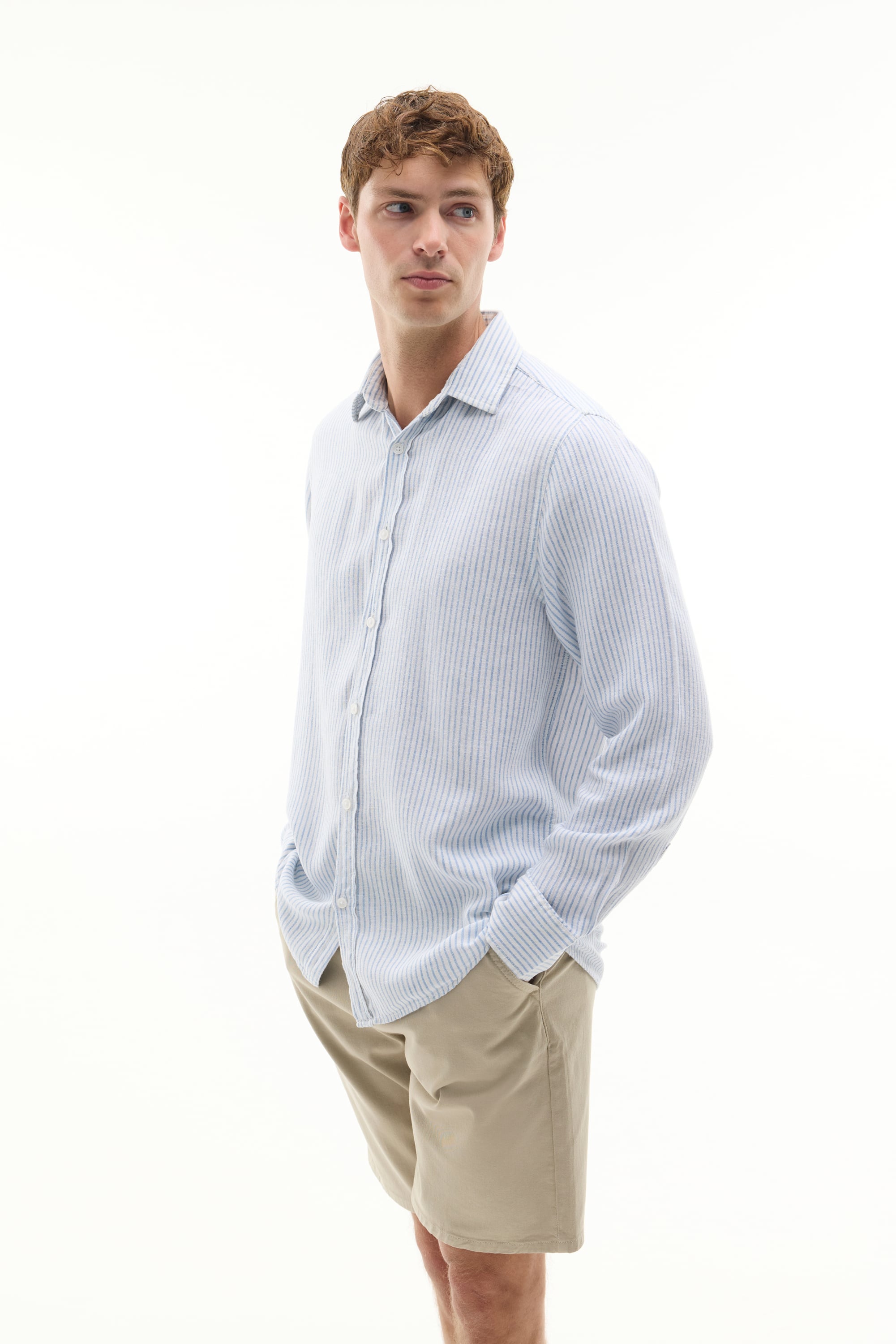 REGULAR FIT ÇİZGİLİ KETEN KARIŞIMLI UZUN KOLLU GÖMLEK