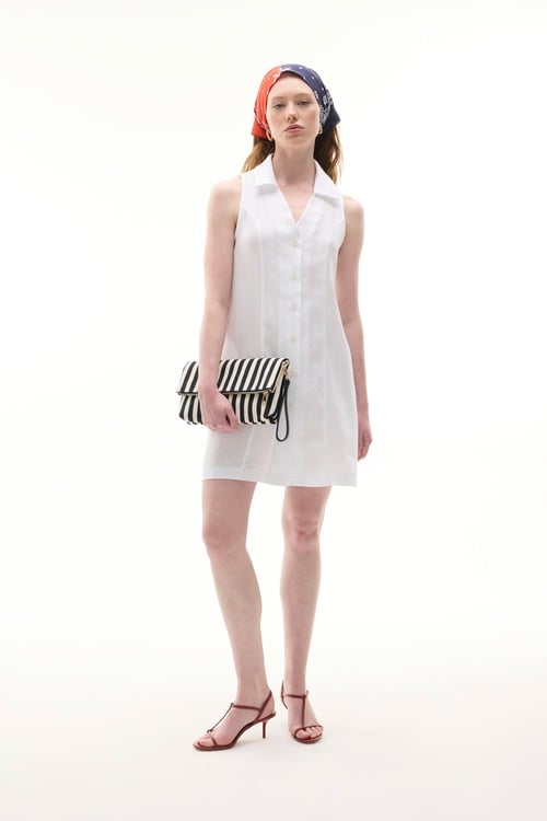  GÖMLEK YAKA KOLSUZ MİNİ KETEN ELBİSE