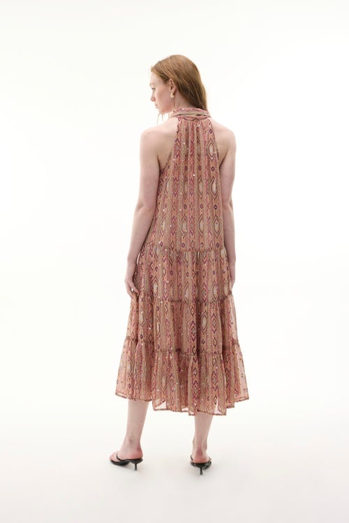  ETNİK BASKILI KOLSUZ UZUN ELBİSE