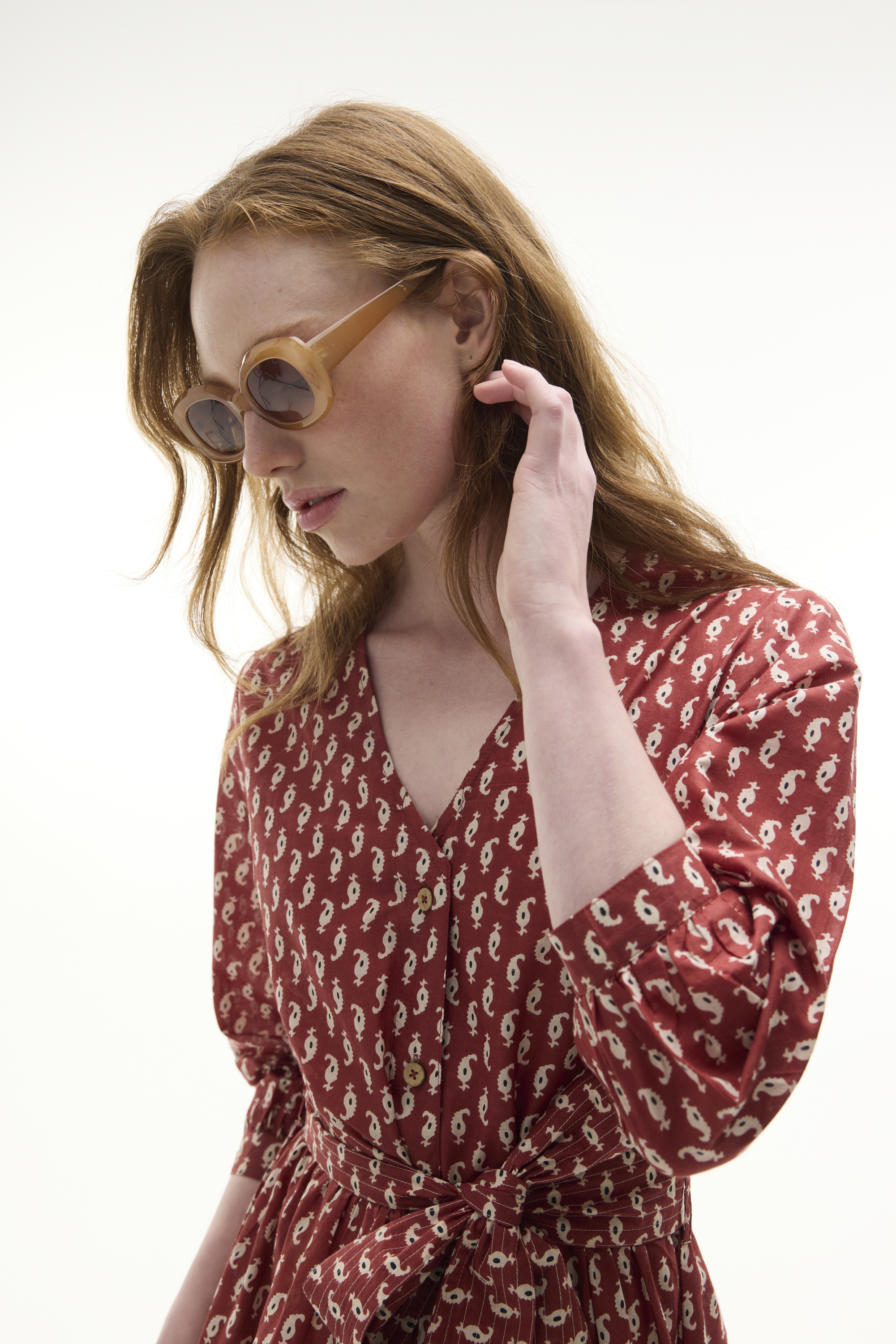 ETNİK BASKILI KEMER DETAYLI KLOŞ UZUN ELBİSE